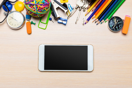 School supplies on wooden backgroundの写真素材