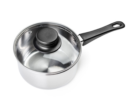 Steel saucepan isolated on white backgroundの写真素材