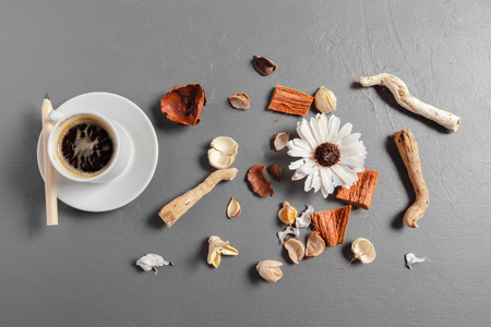 coffee and flower on table. top viewの写真素材