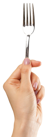 hand with fork on a white background