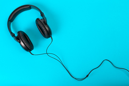 Headphones on blue backgroundの写真素材