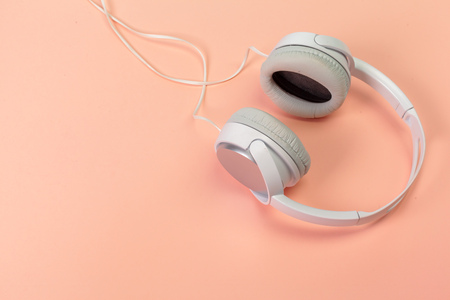 headphones on orange  backgroundの写真素材