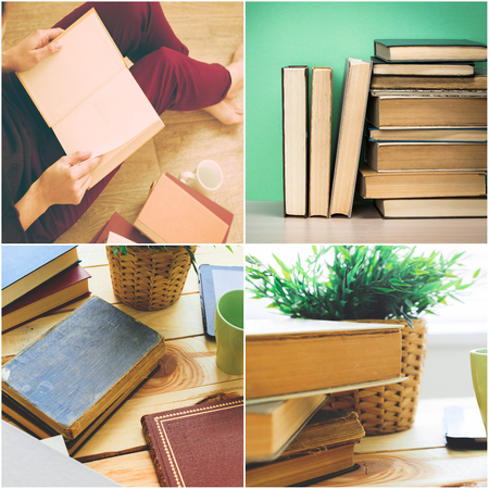 books on wooden deck tableの写真素材