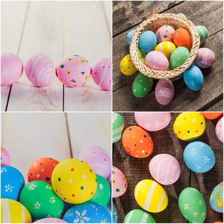 Easter eggs on wooden backgroundの写真素材