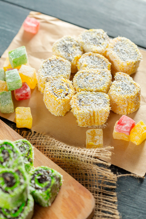 traditional eastern desserts on wooden backgroundの写真素材