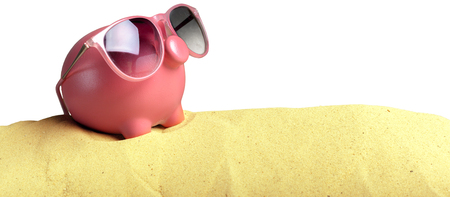 Summer piggy bank with sunglasses on the beachの写真素材