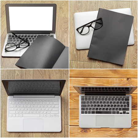 Laptop, notebook on work wooden deskの写真素材