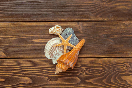 Beach accessories on wooden board