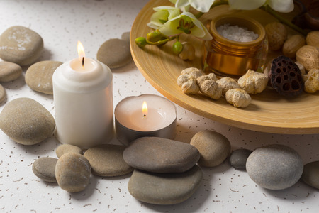 Spa products with orchidsの写真素材