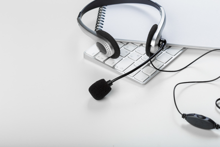 headset on keyboard computer laptopの写真素材