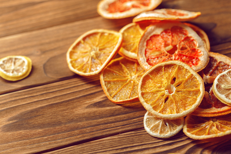 Dried orange and lemon slices backgroundの写真素材