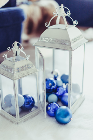 Christmas decoration with white candle lanternの写真素材