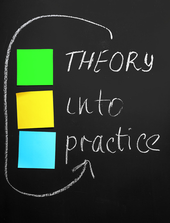 Theory into practice text on a blackboardの写真素材