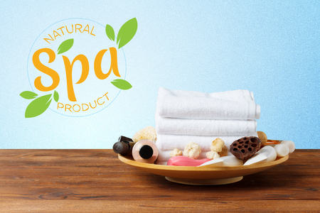 Composition of spa treatment on wooden tableの写真素材