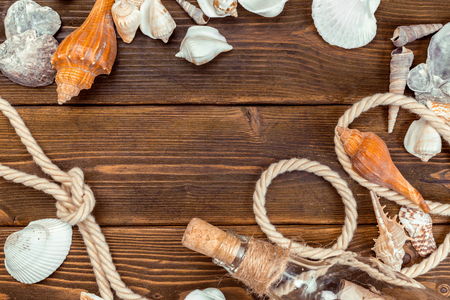 Seashells border on wood. Marine backgroundの写真素材
