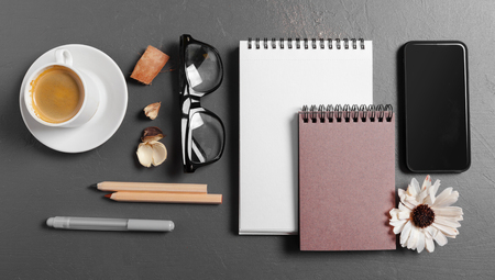 Business desk in office top view .の写真素材