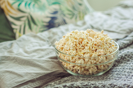 Popcorn in glass bowlの写真素材