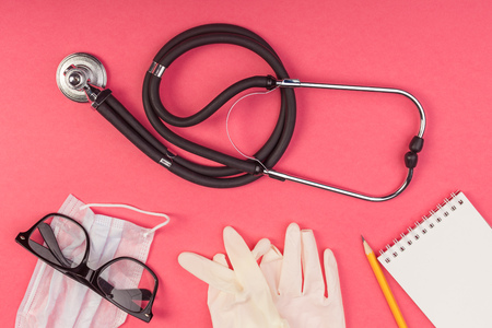 Collection of equipment medicine on the doctor's desktop. Medical concept.の写真素材