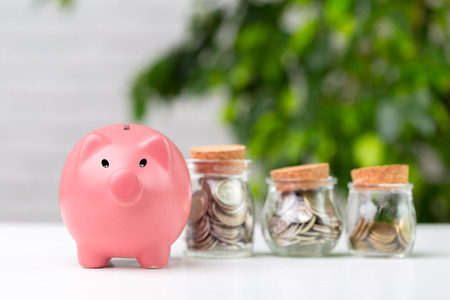 piggy bank with coin on the table