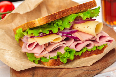 sandwich on a wooden tableの写真素材