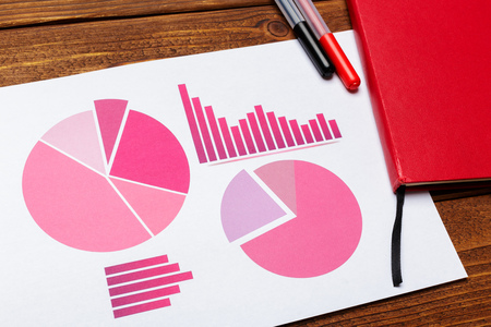 Top view of business paper chart or graph on wooden table