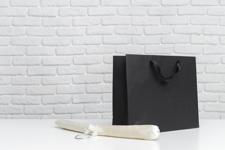 Shopping bags on tableの写真素材