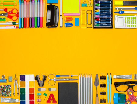 Overhead shot of school suppliesの写真素材