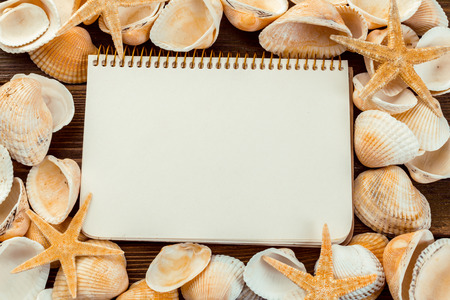 Shells and notepad on wooden table. Top view with copy spaceの写真素材