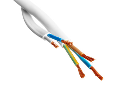 Electric screened cable with many wires isolated on whiteの写真素材