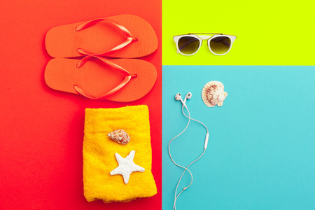 Summer holiday background, Beach accessories on color block backgroundの写真素材