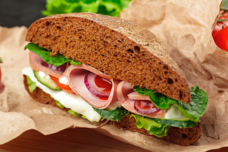 sandwich on a wooden tableの写真素材