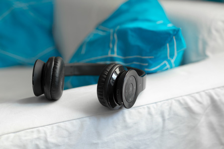 headphone lying on pillow for listening relax music