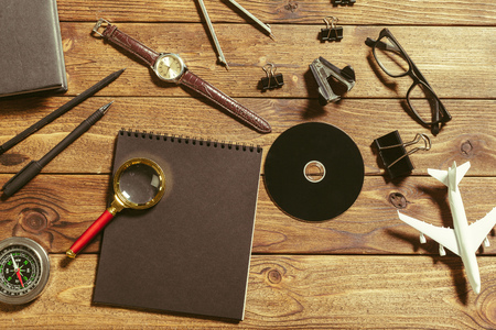 wooden desk with office toolsの写真素材