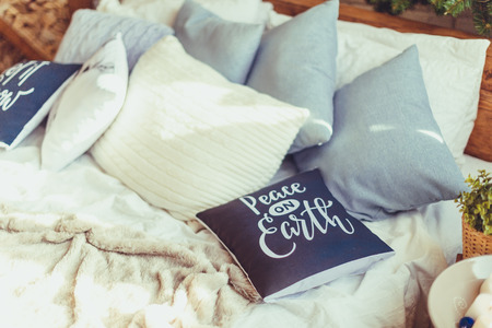 Christmas interior bedroom. Cozy and stylish modern room
