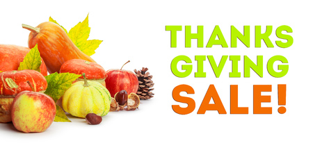 Happy Thanksgiving Sale tag with autumn pumpkinsの写真素材