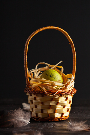 Happy easter! Easter eggs on wooden backgroundの写真素材