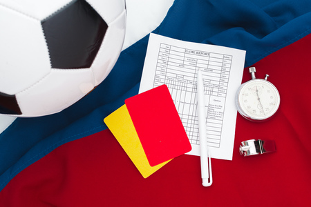 two penalty cards and a whistle for the refereeの写真素材