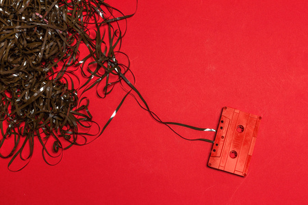 Retro cassette tapes on color backgroundの写真素材