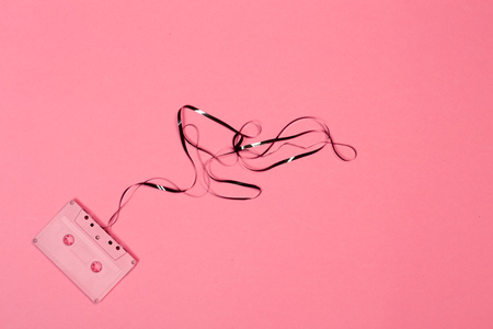 Retro cassette tapes on color backgroundの写真素材