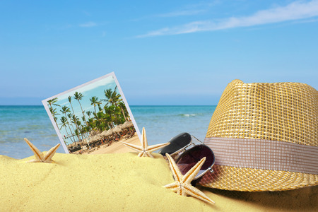 beach accessories on the summer sandsの写真素材
