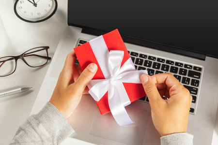 Flat lay Christmas decoration Office workplaceの写真素材
