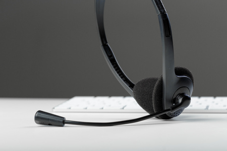 headset on keyboard computer laptopの写真素材