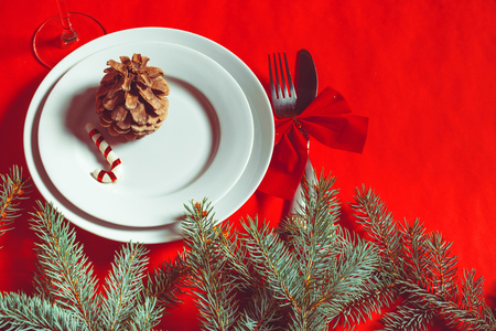 Christmas table place settingの写真素材