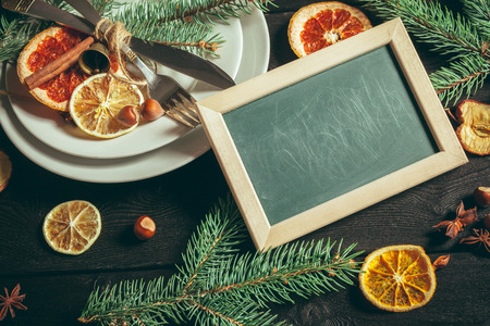 Christmas table place settingの写真素材