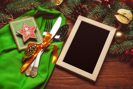 Christmas table place settingの写真素材