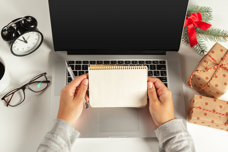 Flat lay Christmas decoration Office workplaceの写真素材