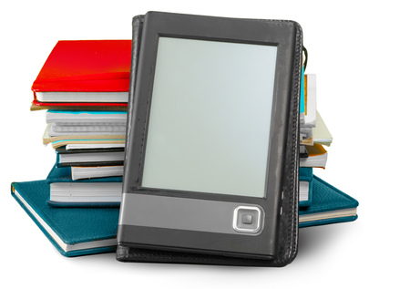 books and tablet computer isolated on whiteの写真素材