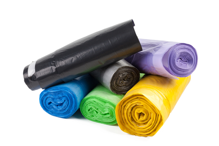 roll of plastic garbage bags isolated on white backgroundの写真素材
