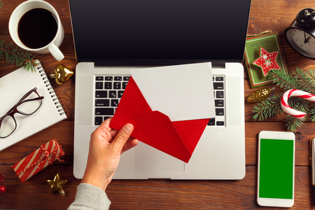 Flat lay Christmas decoration Office workplaceの写真素材