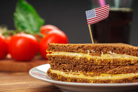 sandwich on a wooden tableの写真素材